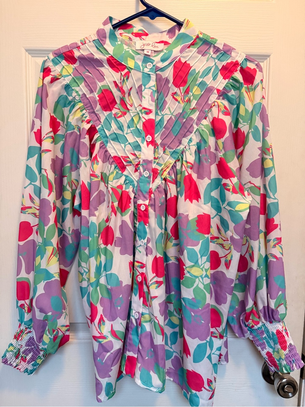 Joyous Lane Floral Pintuck Button-Front Blouse - Pink, Purple & Green